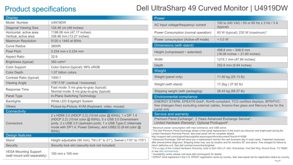 Dell UltraSharp 49 Curved Monitor spec