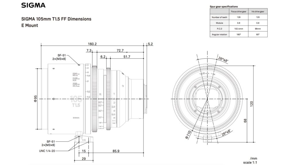 Sigma 105mm T1.5 FF Dimensions E mount