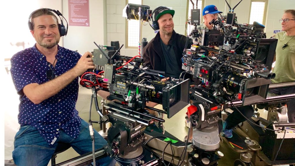 A three camera set-up on stage, with (L-R) C-Camera Operator Judd Overton, A-Camera Operator Damian Church, On-Set Dresser Bruce Seymour, B- Camera Dolly Grip Billy Pierson