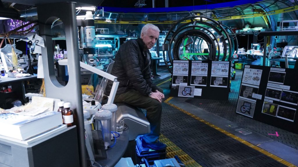 From the set of the sequels: James Cameron studies the High Camp Bio Lab set before that day’s filming. Photo: Avatar Twitter