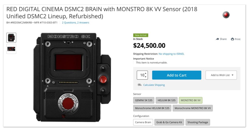 RED DIGITAL CINEMA DSMC2 BRAIN with MONSTRO 8K VV Sensor (2018 Unified DSMC2 Lineup, Refurbished) on the B&H website. For $24,500
