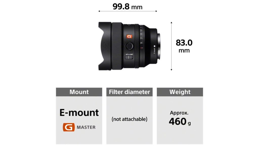Sony FE 14mm F1.8 G Master. Dimensions