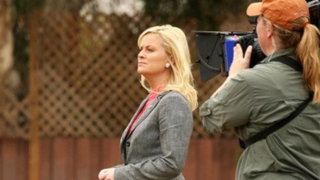 DP Shana Hagan filming with Amy Poehler in the pilot episode for NBC’s “Parks and Recreation”.  Photo Courtesy:  Shana Hagan