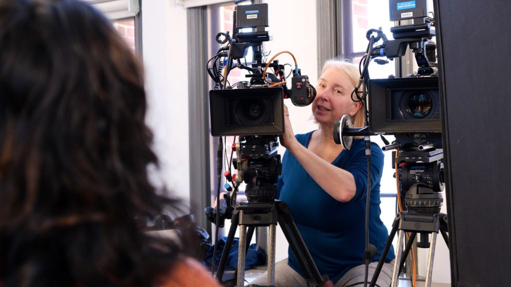 DP Claudia Raschke setting up a multi camera interview. Photo courtesy of Storyville Films