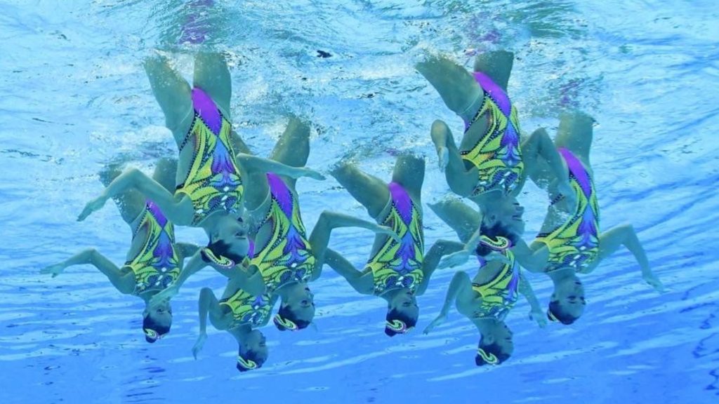 Photo that was taken with the Telemetrics system Pool Housing. Camera: Sony Alpha. Picture: The Italy artistic swimming team competes during the team technical routine at the 2020 Summer Olympics, Friday, Aug. 6, 2021, in Tokyo, Japan. (AP Photo/Morry Gash)