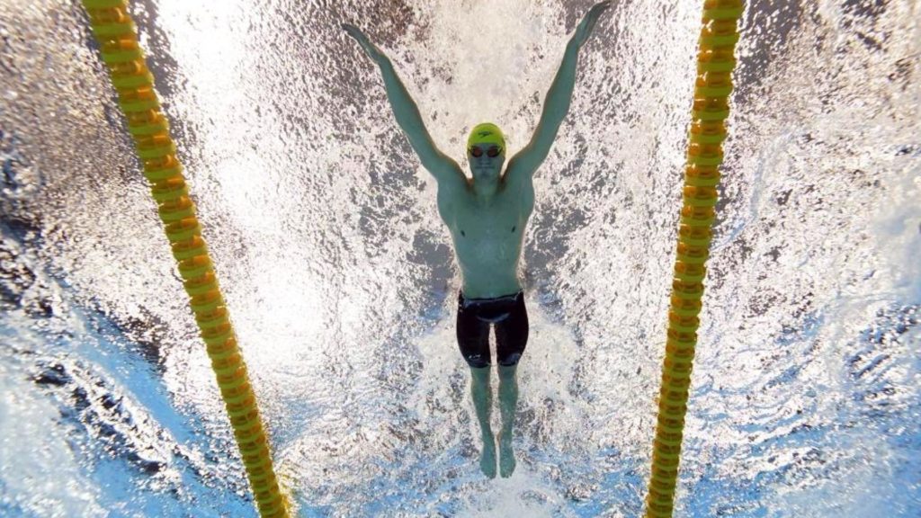 Photo that was taken with the Telemetrics system Pool Housing. Camera: Sony Alpha. Picture: Australia's Brendon Smith swims to win the bronze medal in the 400-meter individual medley at the 2020 Summer Olympics, Sunday, July 25, 2021, in Tokyo. (AP Photo/David J. Phillip)