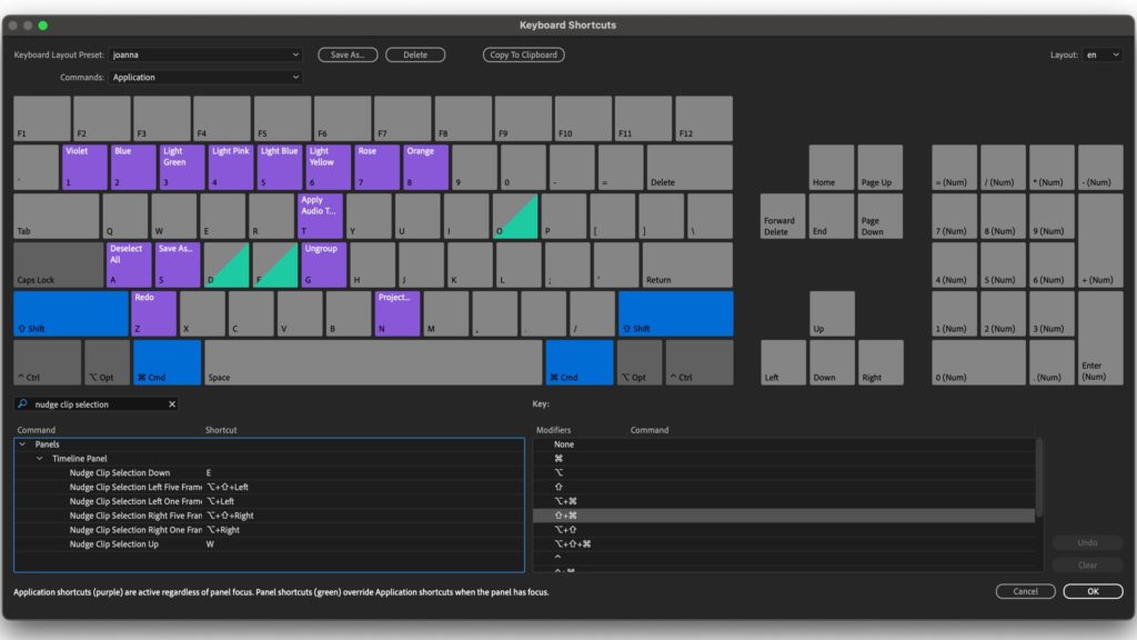 My keyboard shortcuts are a weird mix of the Final Cut Pro 7 keyboard and the Premiere default keyboard, but I’ve customized it for maximum efficiency based on what I use most frequently. Two of my favorite commands to use are Nudge Clip Selection Up & Down so I changed the shortcuts to be just one keystroke (W & E). I find it’s super helpful if I want to push something up one track quickly in order to make room for another clip rather than having to click and drag with my mouse. If you find that you’re using a command a lot, then I recommend customizing your Premiere keyboard shortcuts to just one key so that you can do it as simply as possible. I also did this for Enable/Disable which is now just Q in my customized shortcuts.
