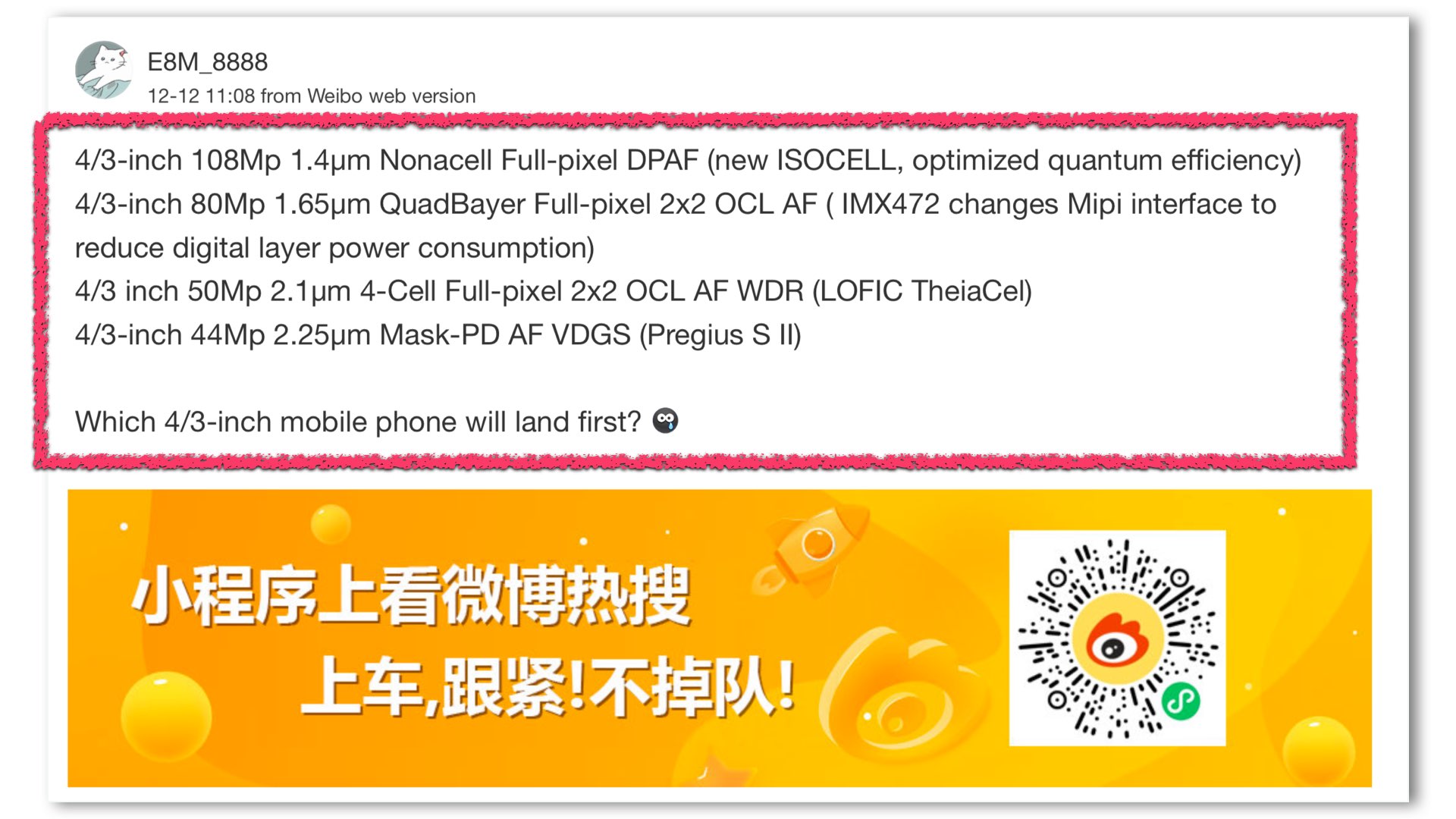 La source Weibo sur les nouveaux capteurs Micro-Four-Third à venir dans les smartphones. 